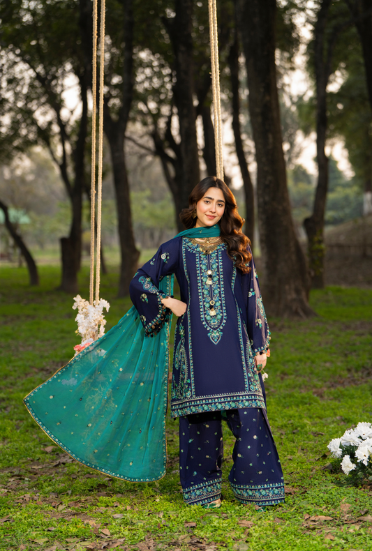 Dark Blue Embroidered 3-Piece Suit