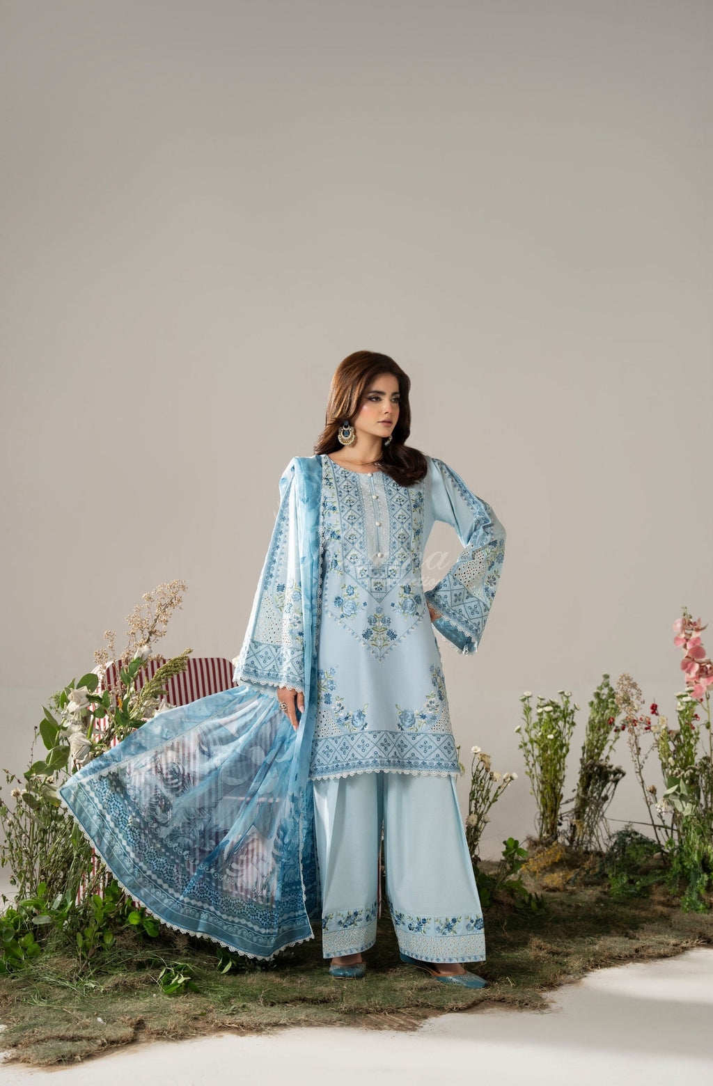 MUTED BLUE - Neckline embroidery detail