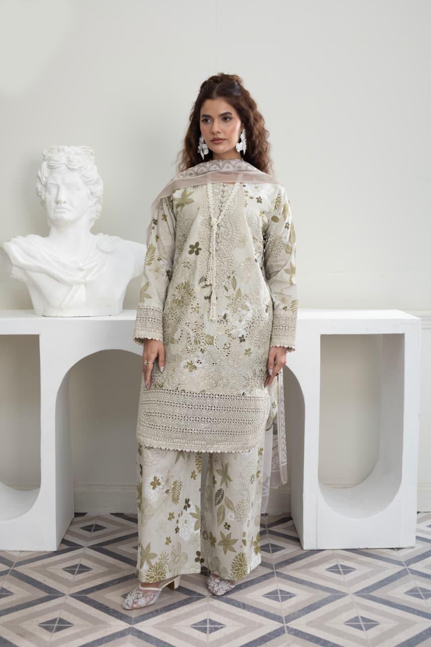 3 Piece Embroidered Cotton - Cream