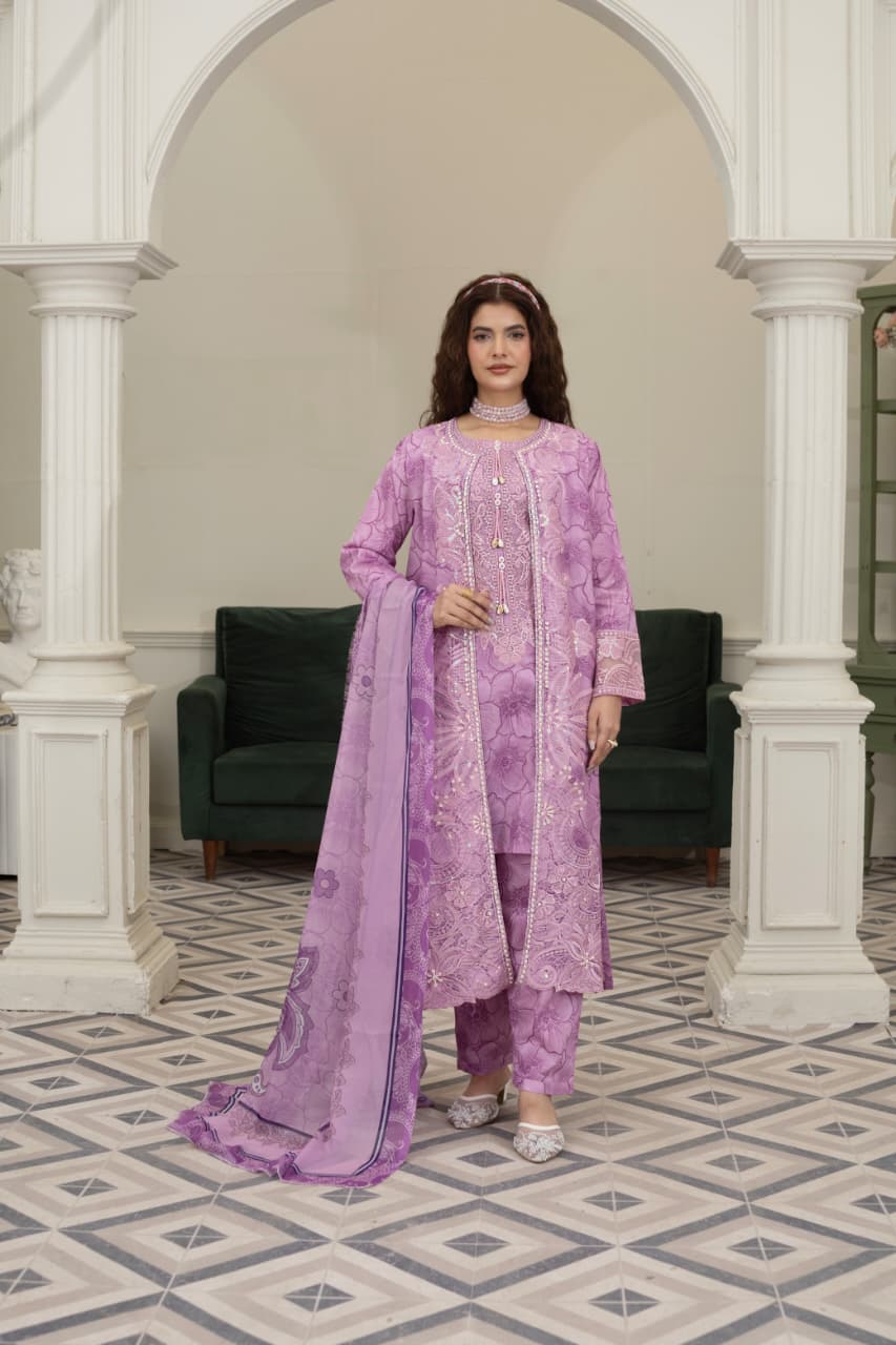 3 Piece Embroidered Cotton - Orchid Purple