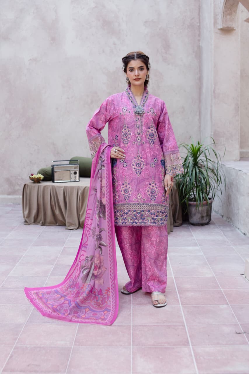 3 Piece Embroidered Cotton - Hot Pink