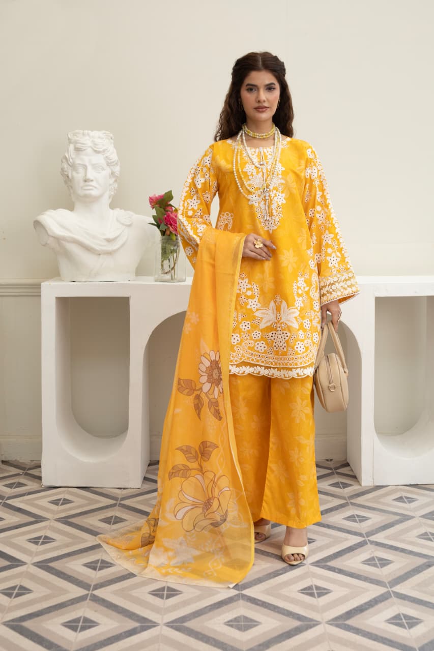 3 Piece Embroidered Cotton - Mustard Yellow