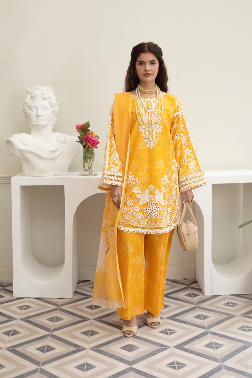 3 Piece Embroidered Cotton - Mustard Yellow