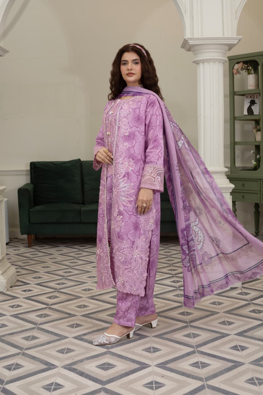 3 Piece Embroidered Cotton - Orchid Purple