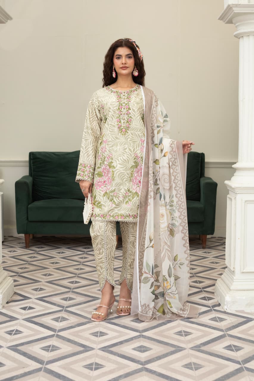 3 Piece Embroidered Cotton - Ivory