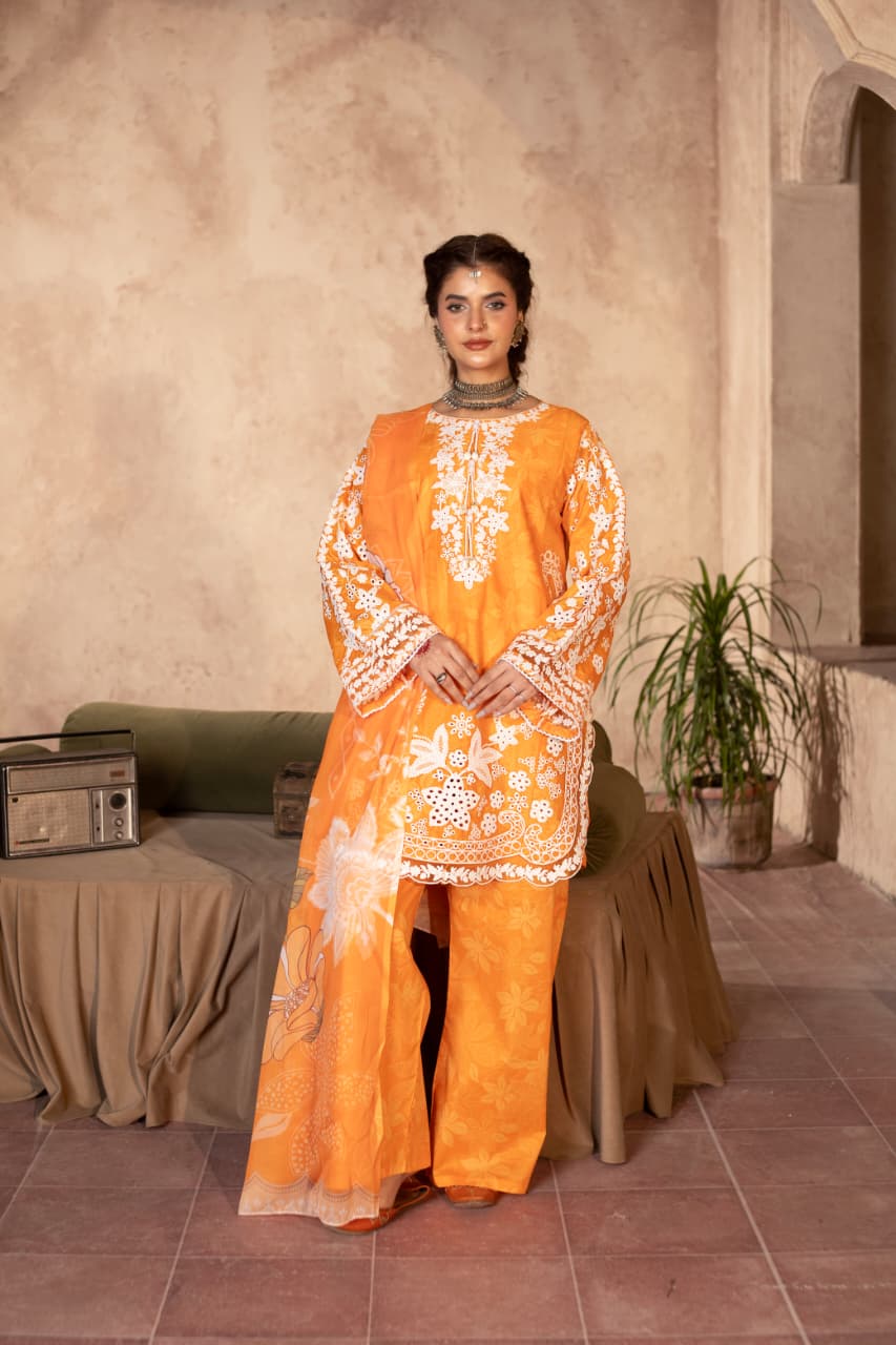 3 Piece Embroidered Cotton - Orange