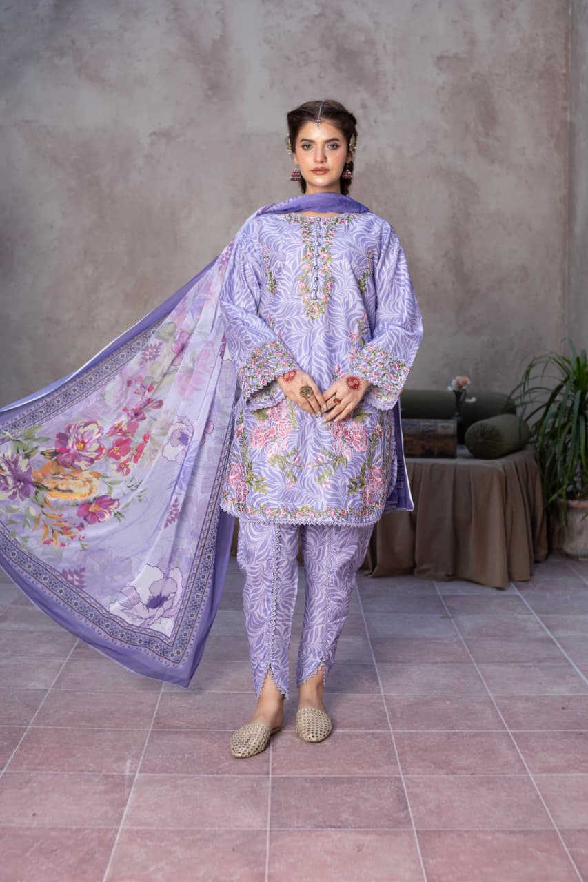 3 Piece Embroidered Cotton - Lilac