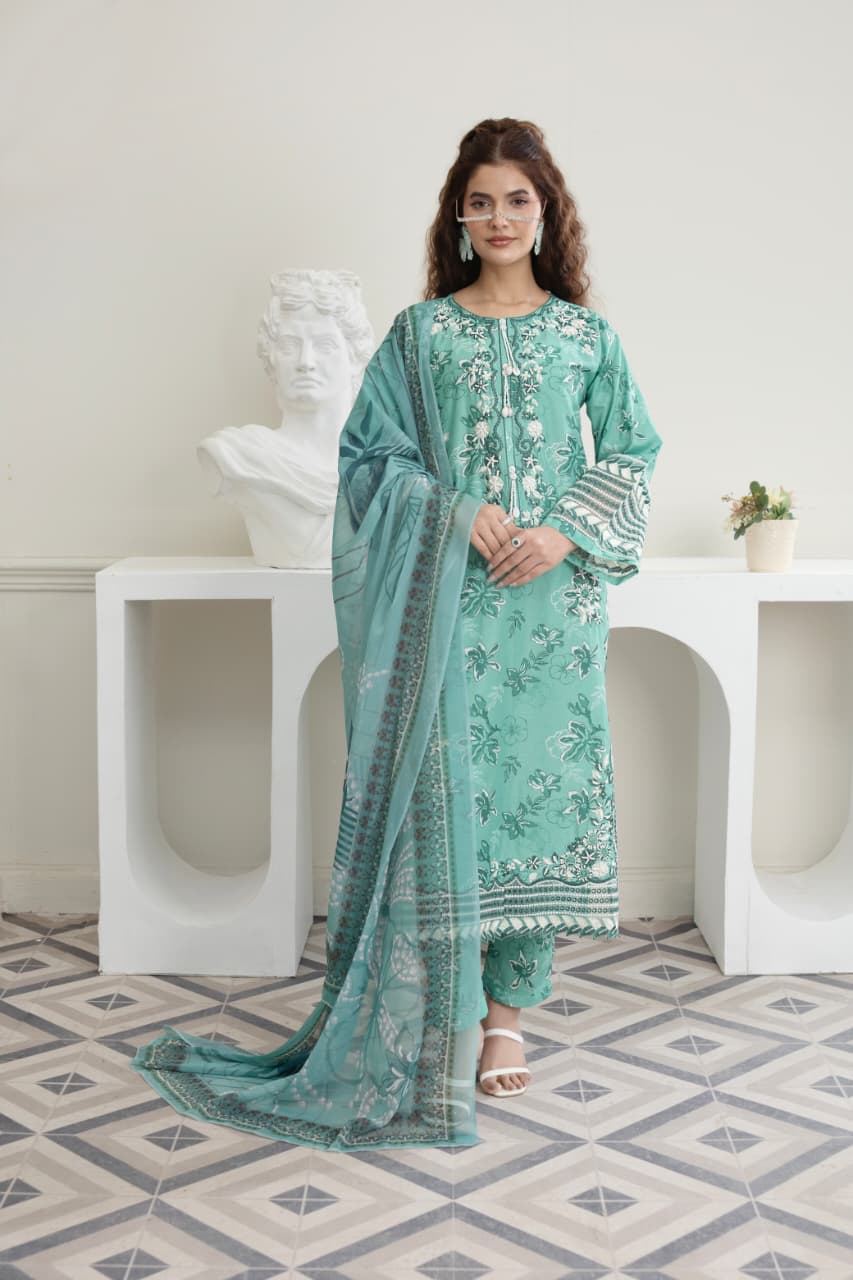 3 Piece Embroidered Cotton - Mint Green