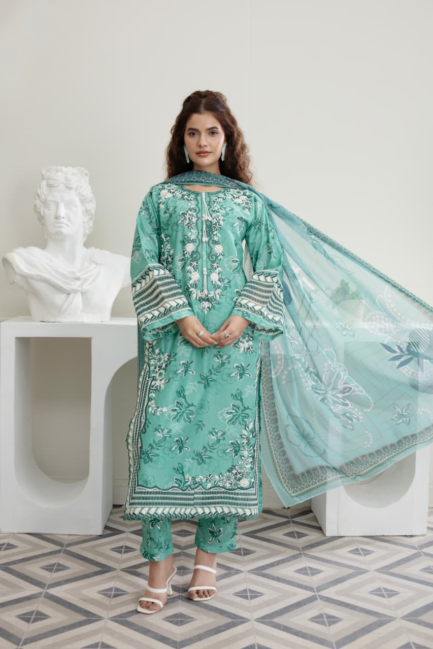 3 Piece Embroidered Cotton - Mint Green