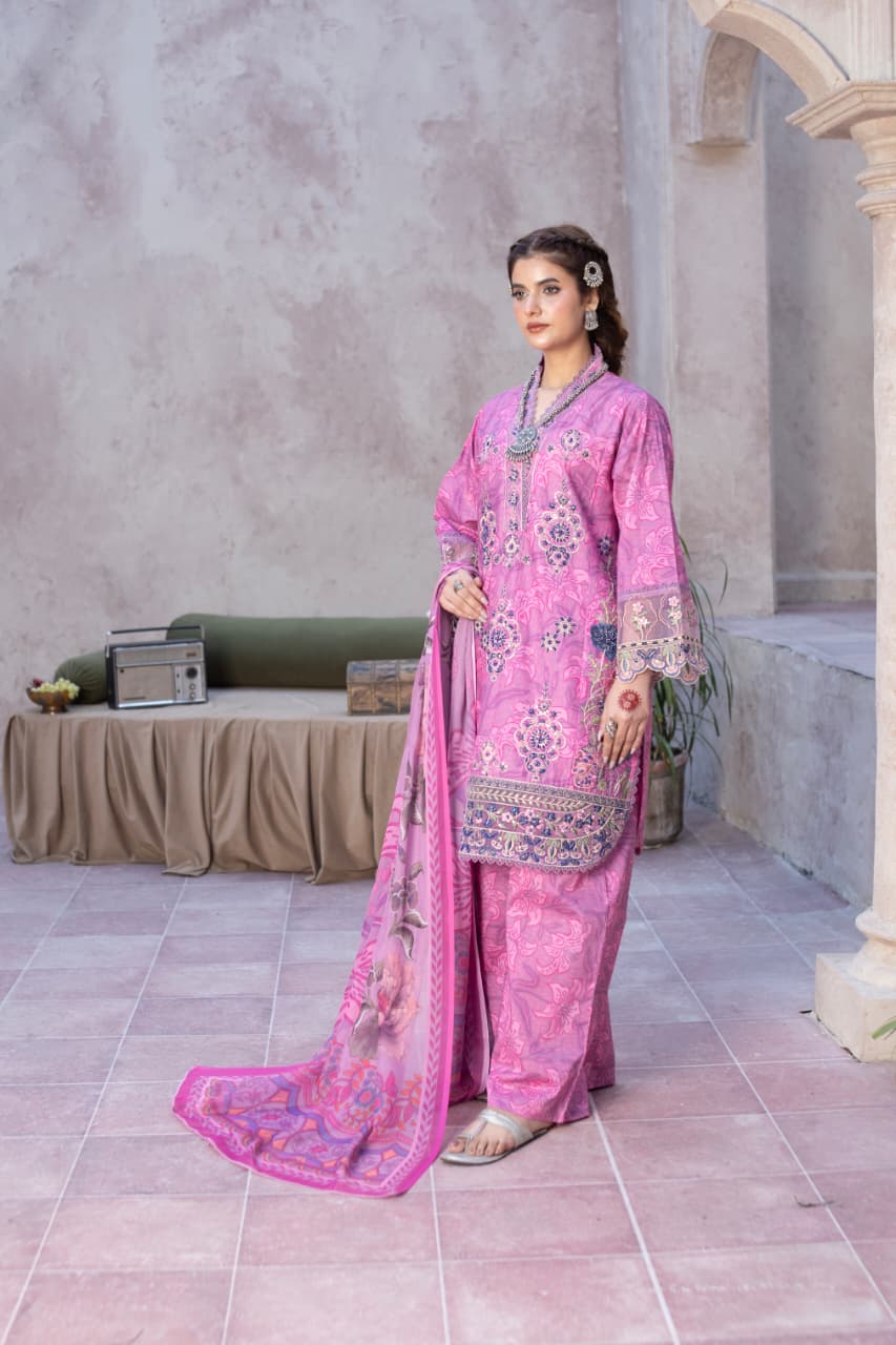 3 Piece Embroidered Cotton - Hot Pink