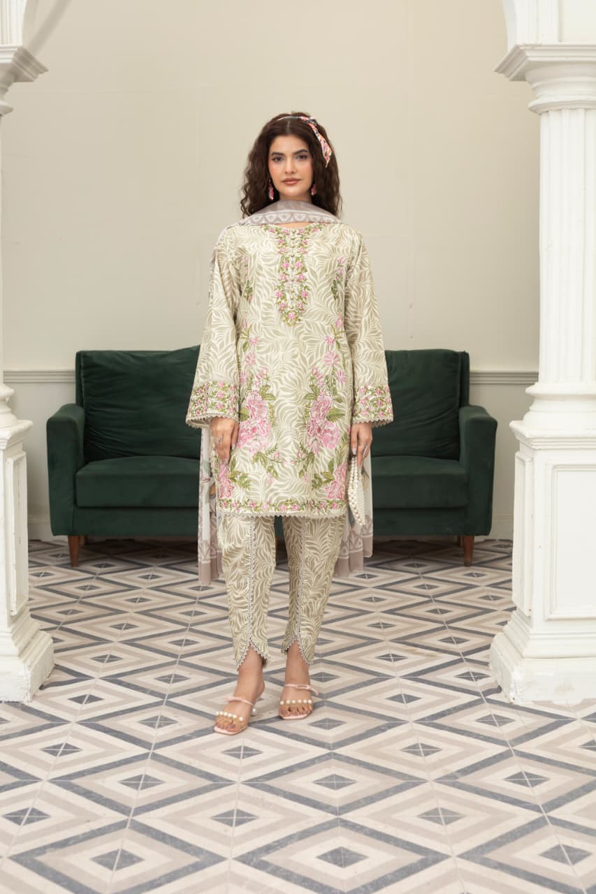 3 Piece Embroidered Cotton - Ivory