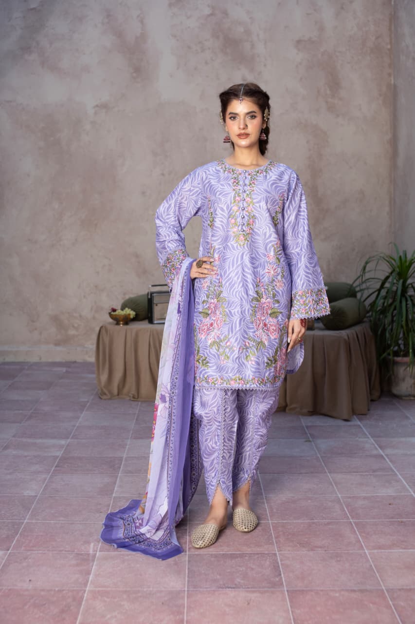 3 Piece Embroidered Cotton - Lilac