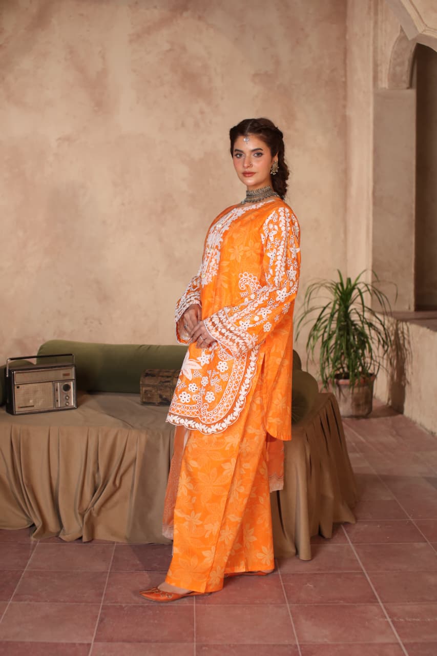 3 Piece Embroidered Cotton - Orange