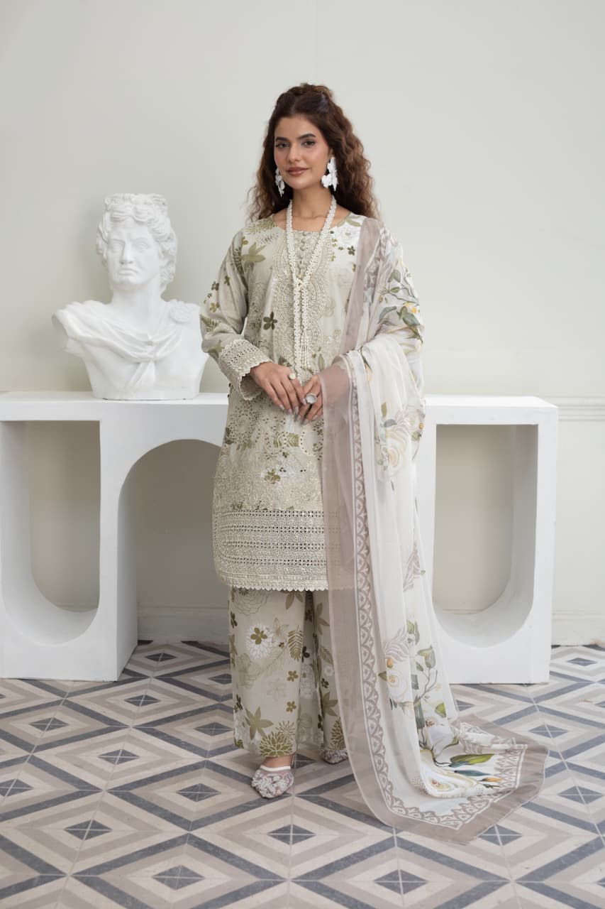 3 Piece Embroidered Cotton - Cream