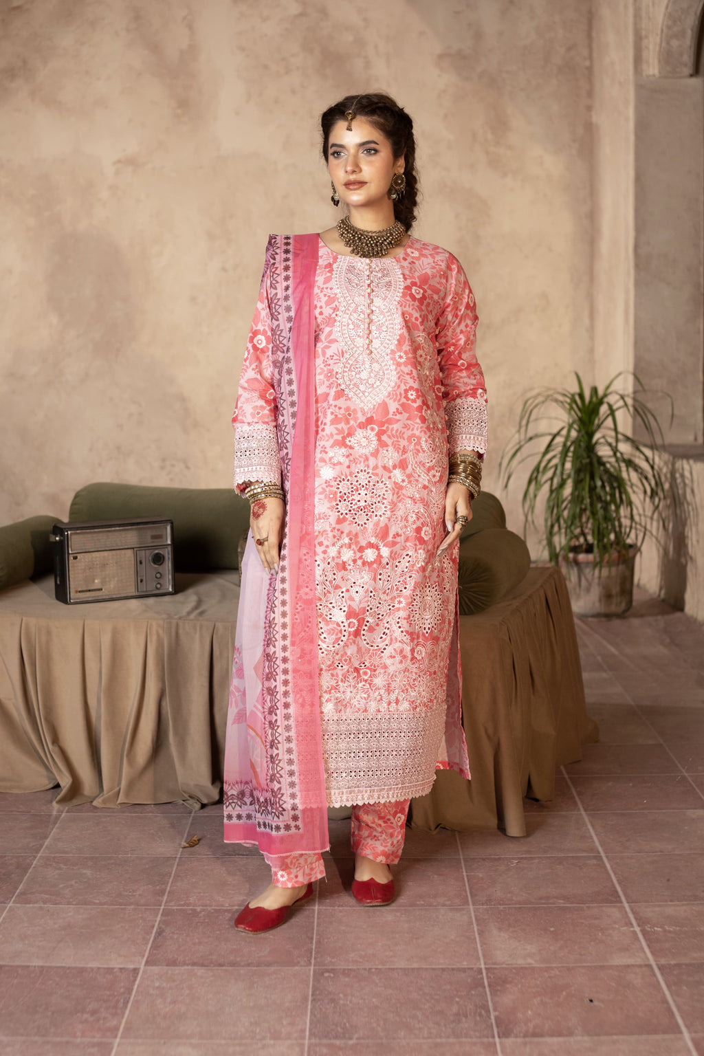 3 Piece Embroidered Cotton - Coral Pink