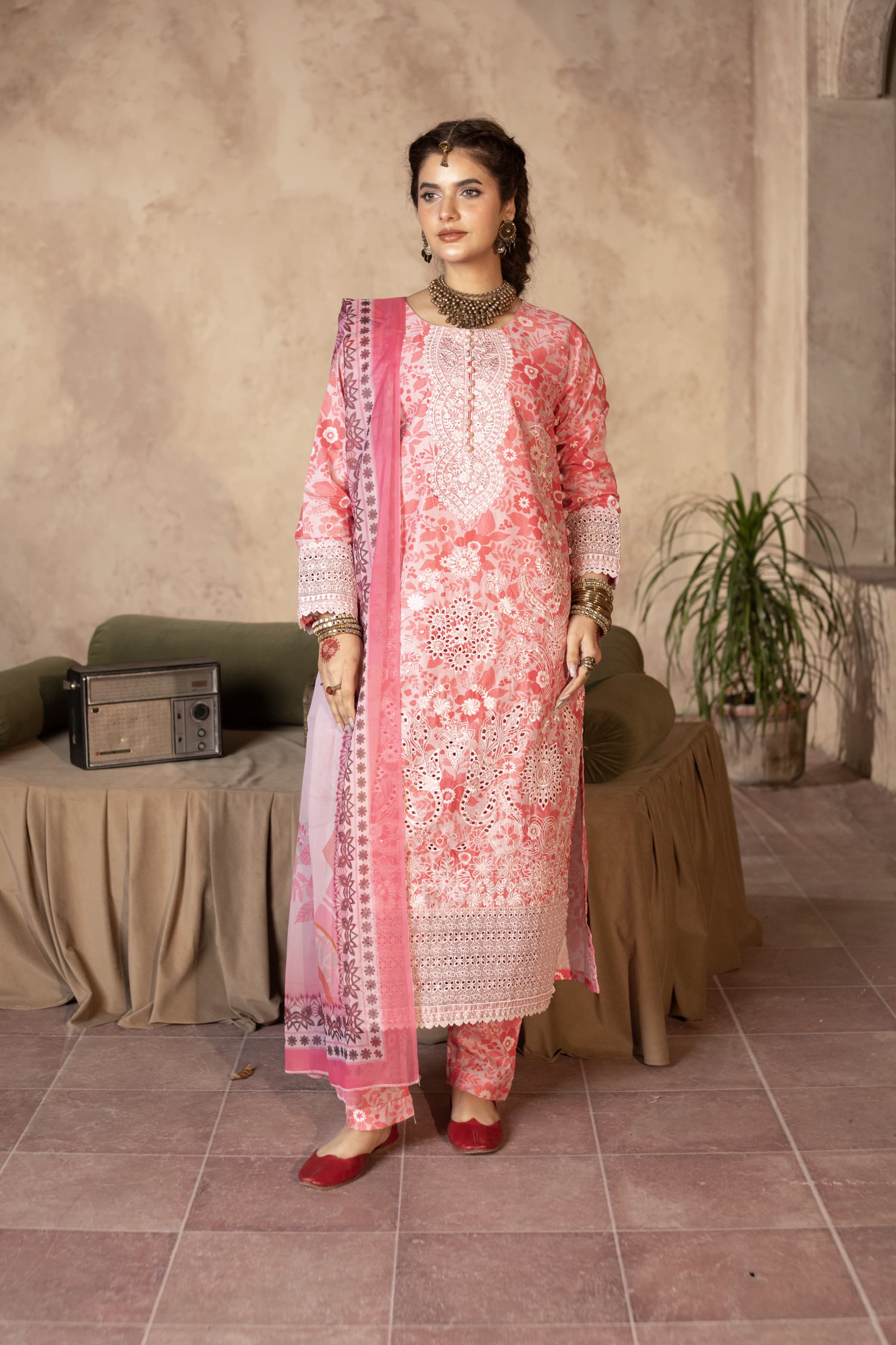 3 Piece Embroidered Cotton - Coral Pink