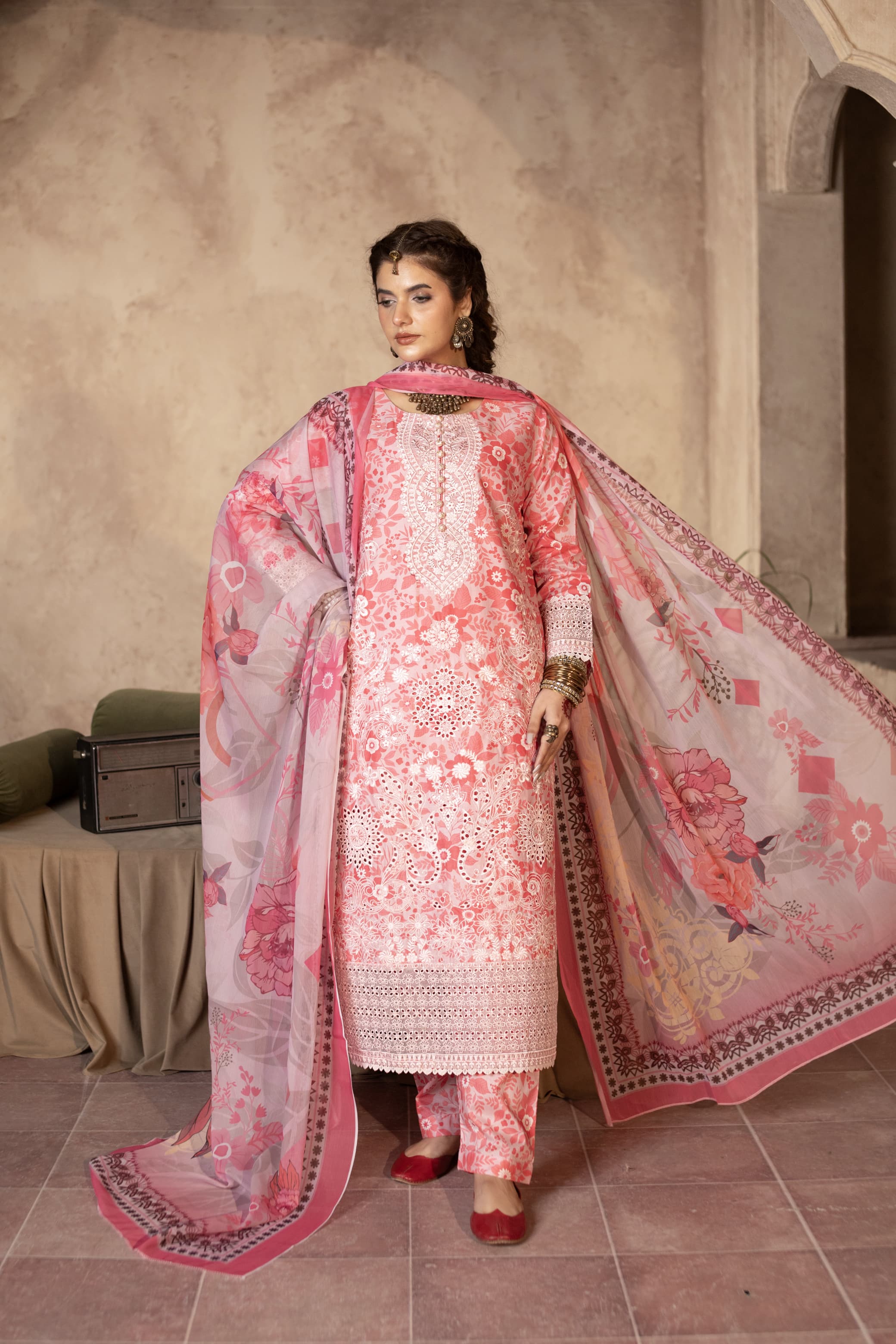 3 Piece Embroidered Cotton - Coral Pink