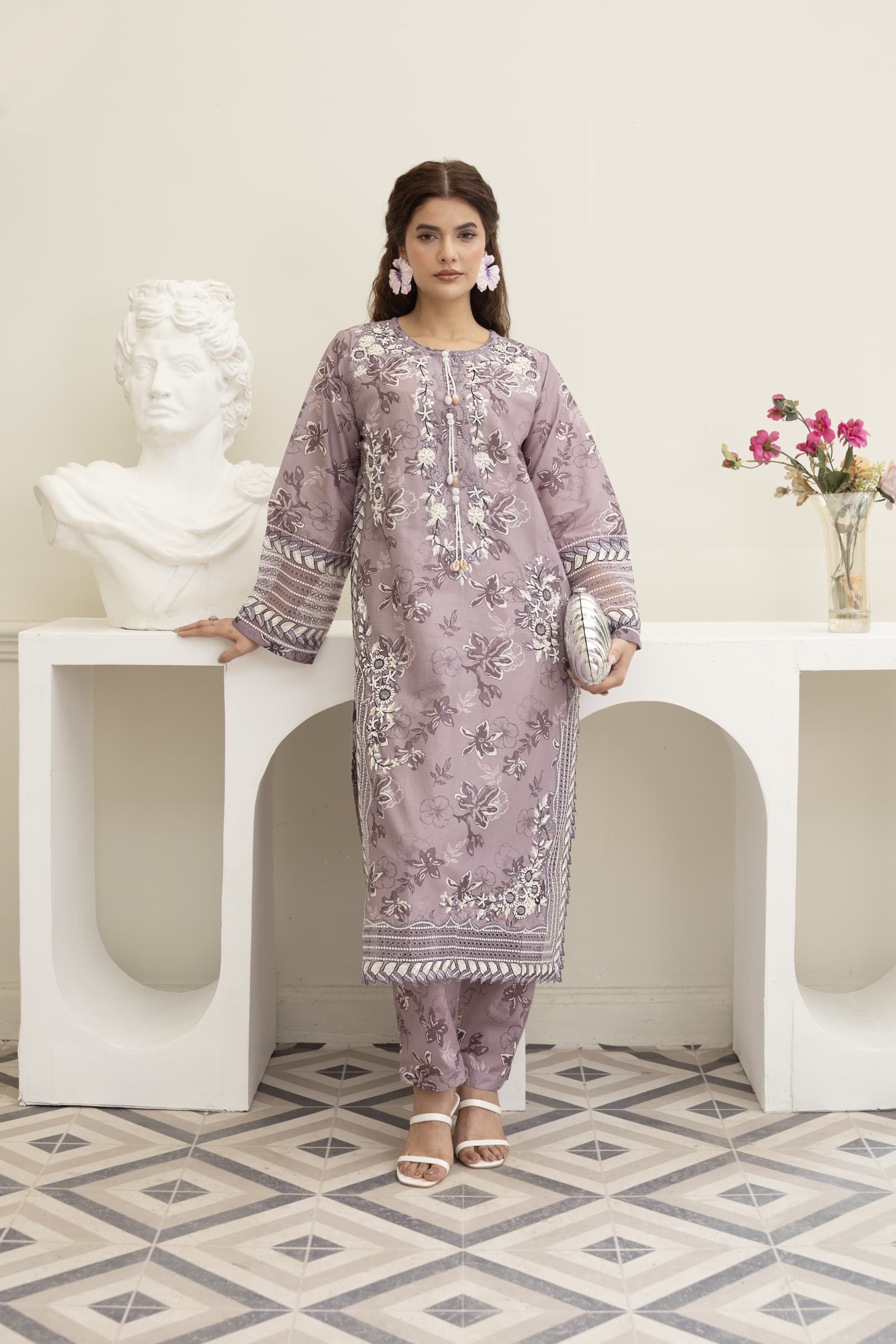 3 Piece Embroidered Cotton - Mauve