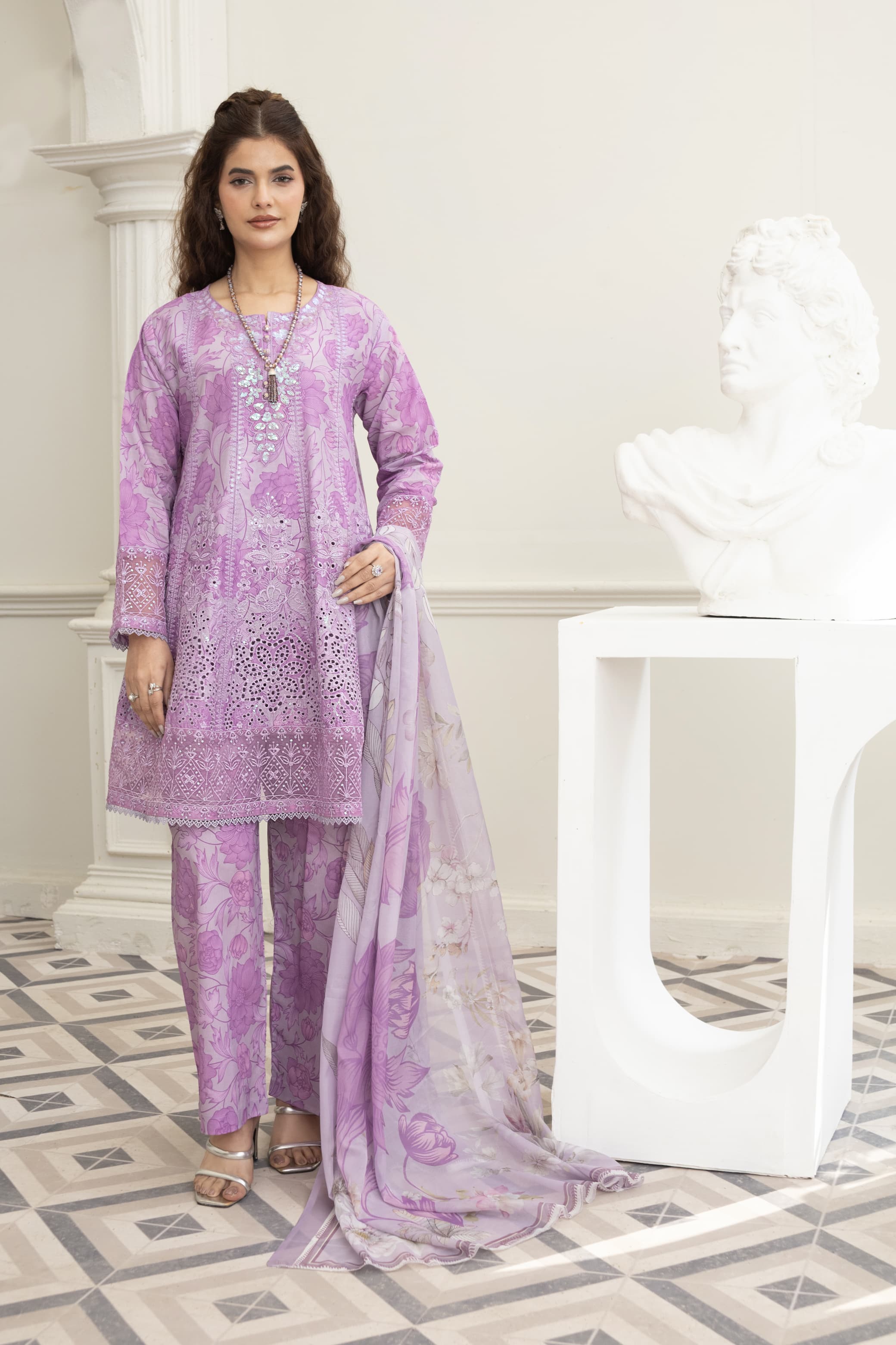 3 Piece Embroidered Cotton - Lavender