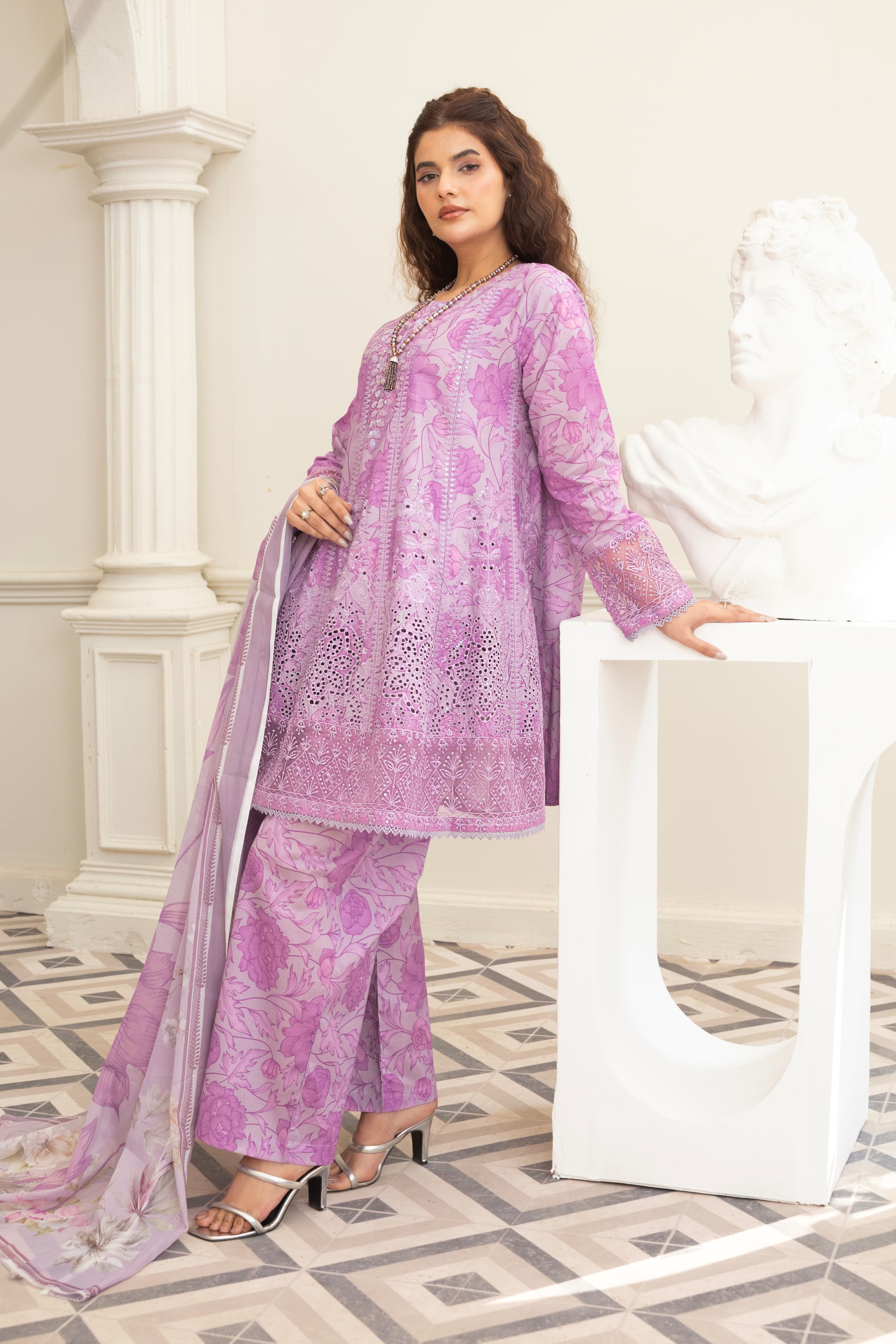 3 Piece Embroidered Cotton - Lavender