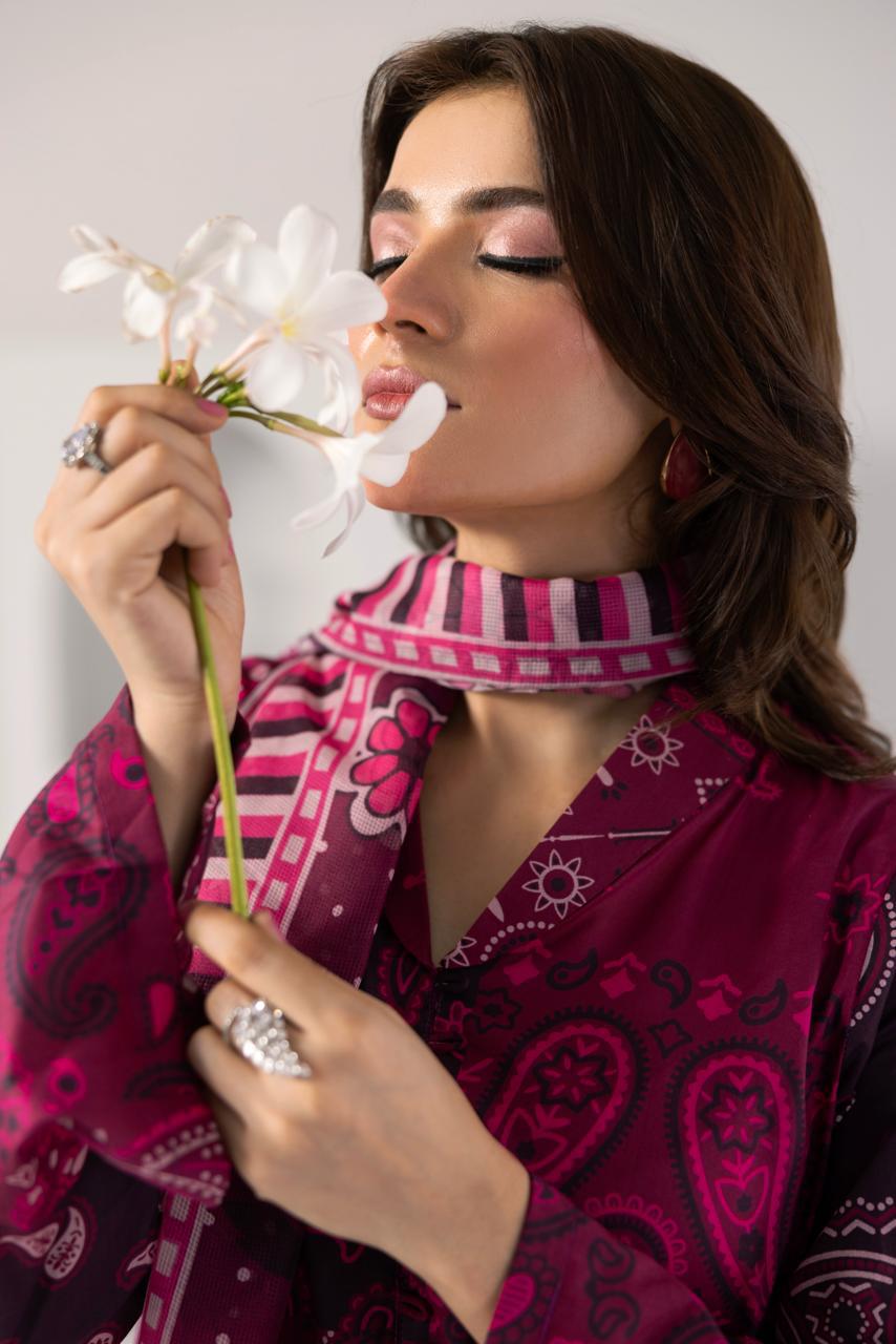 Magenta Bandhani 3-Piece Lawn Printed Suit