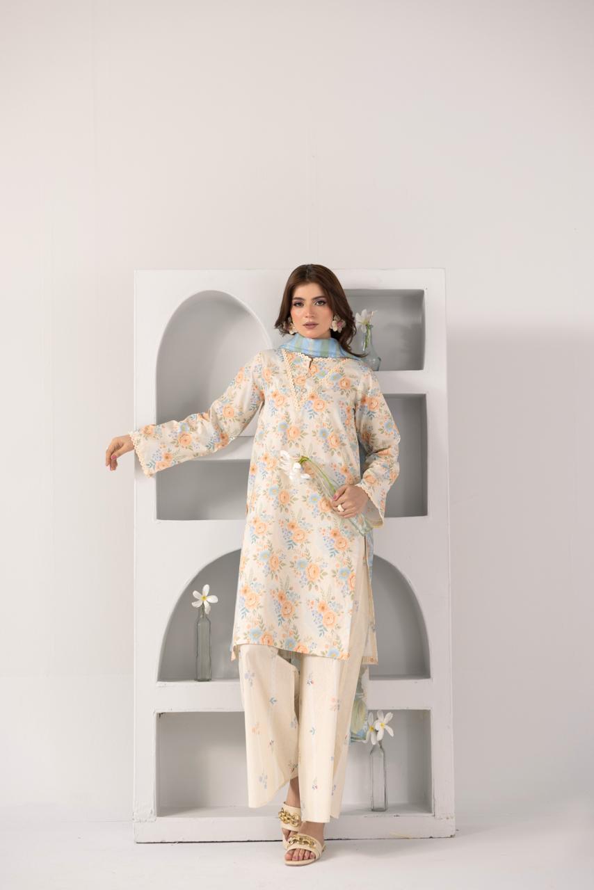 Peach Floral Lace 3-Piece Lawn Printed Suit