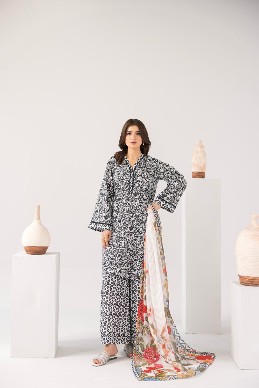 Zeenat PRET Black & White - Full outfit front view with dupatta