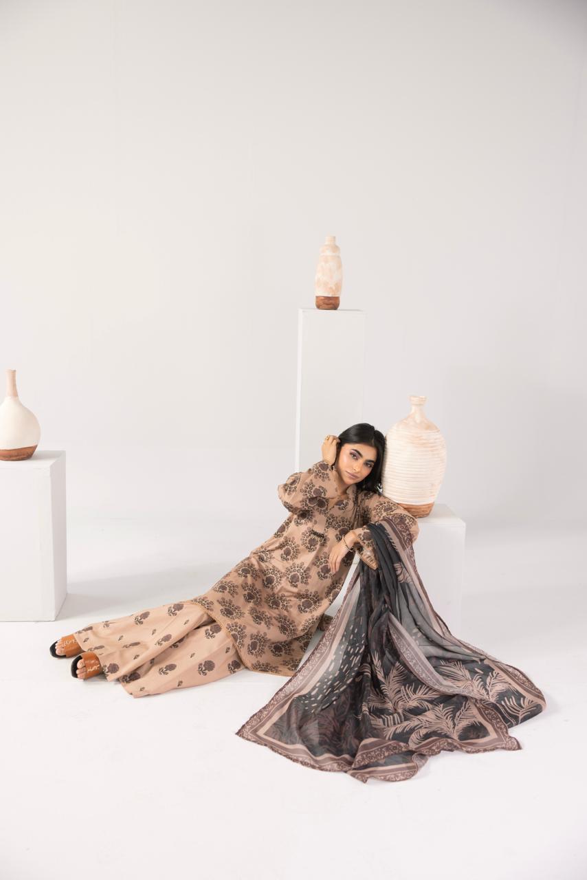 Zeenat PRET Camel Brown - Seated floor pose with dupatta